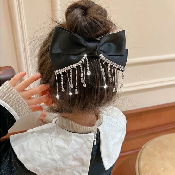 Rhinestone Dangle Hair Bow Clip Holiday Christmas Stocking - Red Black or Ivory - Picture 2 of 7